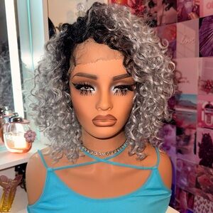 Silver Gray Lavender Curly Lace Front Wig